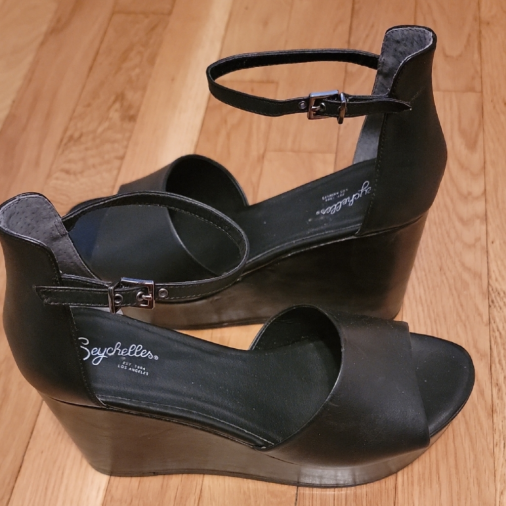 Seychelles Black Ankle Strap Wedges